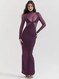 Casual Dresses Women Sexy See Through Patchwork Maxi Dress Fashion Half High Collar Long Sleeve Bodycon 2024 Female Solid Party Robes