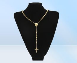 Gold Stainless Steel Bead Chain Jesus Christ Pendant Rosary Long Necklace Mens Womens Hip hop Jewelry7340964