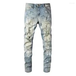 Men's Jeans Arrivals Light Blue Slim Fit Streetwear Distressed Skinny Stretch High Street Holes Bandana Patchwork Ripped