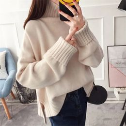 High Quality Soft Thick Warm Red Collar Knitted Pullover Sweater Women Autumn Winter Loose Casual Turtleneck Knit Jumper 240106