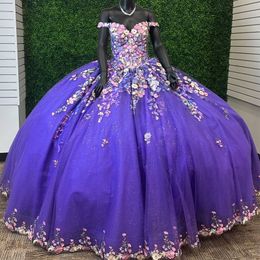 Purple Shiny Quinceanera Dresses for 15 Year Ball Gown Sexy Sweetheart Off the Shoulder Applique Lace Long Party Dress for Girl