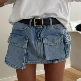 Skirts Fashion Women 3D Multi Pockets Cargo Denim Blue High Waist Mini Streetwear Lady Summer Slim Fitting 2024