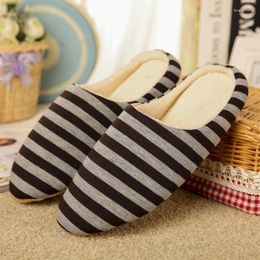 Slippers Indoor Mute Cotton Women House Shoes Non-Slip Winter Warm Plush Unisex Thicken Home Floor Shoe Stripe