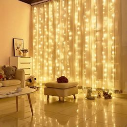 1pc 6*3M/600 LED Warm White Multicolor Curtain String Light, Christmas Decoration String Lights, USB Remote Control, Wedding Wreath Window Light,