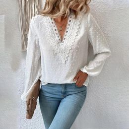 Women's Blouses Elegant Women Blouse Bubble Sleeve Lace Dot V Neck Long For Spring 2024 Solid Colour Jacquard Tee Shirt