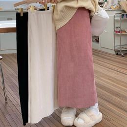 Biyaby Corduroy Pink ALine Skirts Women Korean Elastic High Waist Midi Skirt Woman Autumn Winter Vintage Warm Long 240106