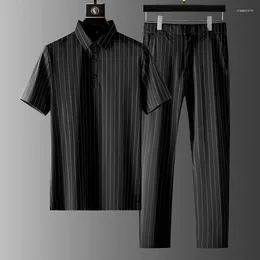 Men's Tracksuits 2 Pcs/Set Men Striped POLO Shirt Shorts Sets Short Sleeve Ice Silk Set Summer Tops Casual Trousers Male Track Suit