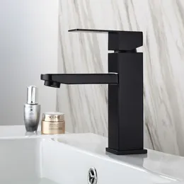 Bathroom Sink Faucets 304 Stainless Steel Black Water Faucet Taps And Cold European Quality Square Single Hole Basin