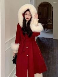 Women's Trench Coats 2024 Autumn Winter Year's Christmas Red War Robe Hooded Loose Comfortable Small Fragrant Wind Woolen Outerwear