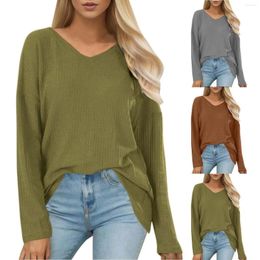 Women's T Shirts Spring And Autumn Basic Solid Colours Versatile Shirt Top Casual V Neck Tops Loose Long Sleeve Pullover Blouse