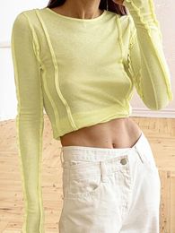 Women's T Shirts White O-Neck T-Shirt 2024 Elegant Yellow Long Sleeve Fall Tee Shirt Casual Slim Elastic Solid Top Female