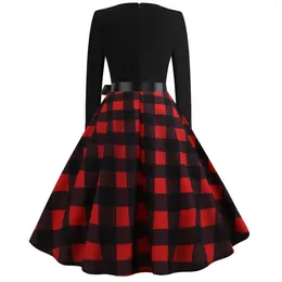 Casual Dresses Plaid Colour Block Dress Elegant Crew Neck Long Sleeve Belted Women's Clothing