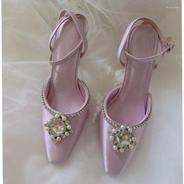 Sandals Spring And Summer Light Purple Rhinestone Square Head Satin Thin High-heeled Shoes Cross Tie Banquet Dress Versatile