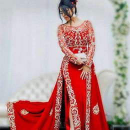 Karakou Algeria Kaftan Red Evening Dress Gold Lace Appliques Long Sleeve Elegant Arabic Dubai Prom Party Gown With Detachable Train Sheath Celebrity Dresses
