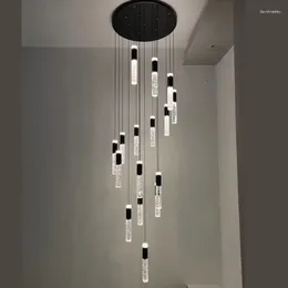 Pendant Lamps Black Gold Light Luxury Duplex Building Crystal Loft Apartment Villa Rotating High Stairs Long Chandelier La