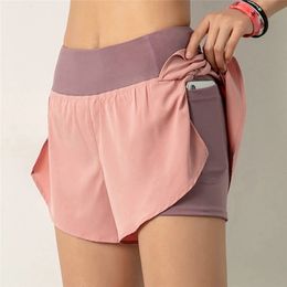 Women Biker Shorts Doublelayer Side Pocket Running Breathable Quick Dry Yoga Workout Gym Fitness Sportwear Spandex Pants 240106