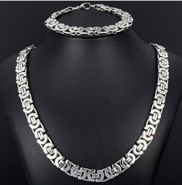 New Style Jewlery Set 8mm Silver Tone Flat byzantine chain necklace bracelet 316L Stainless Steel Bling for Fashion mens XMAS Gi3217896