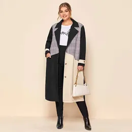 Women's Trench Coats Women Plus Size Plaid Stitching Contrast Overcoats Korean Harajuku Fashion Lapel Single-Breasted Mid-Length Jackets