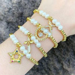 Charm Bracelets Gold Plated Beads Moon Star For Women Copper CZ Crystal Cross Simple Jewellery Gifts Brtb72