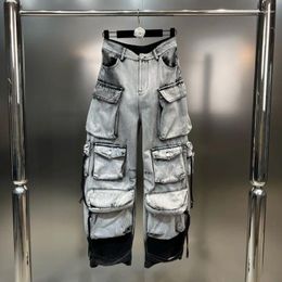Women's Jeans 2024 Autumn Collection Multi Pockets Gradient Grey Denim Cargo Pants Women Long GL047