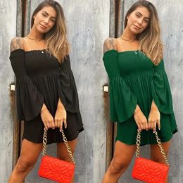 Womens Solid Color One Shoulder Flared Sleeve Short Dress Sexy Evening Party Ladies Clothes Fashion Dresses 240106
