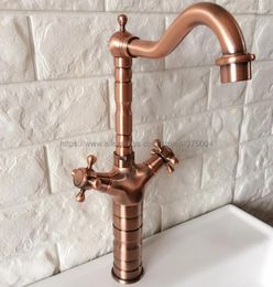 Bathroom Sink Faucets Retro Style Double Handle Kitchen Faucet Tap Antique Red Copper And Cold Water 360 Degree Rotating Nrg055