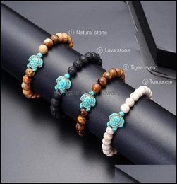 Charm Bracelets Sea Turtle Beads Strand Bracelets For Women Men Classic Lava Stone Tiger Eye Turquoise Elastic Friendshi Dh27266483