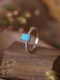 Cluster Rings Simple Pure 925 Silver Women's Ring With Multiple Tiny Zircon And Rectangular Blue Opal Delicate Style For Friend's Wedding