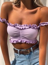 Women's Tanks 2024 Cute Purple Off Shouler Crop Top Sexy Ruffles T ShirtTube T-Shirt Tees For Women Summer Tank Tops Clothes