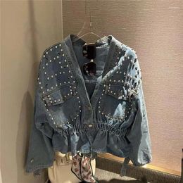 Women's Jackets Limiguyue High Quality Diamond Bead Denim Jacket Ruffles Elastic Waistband Cropped Coat Women Spring Autumn Cowboy Outwear