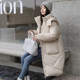 Winter Rhombic Lattice Loose Cotton Jacket Coat Womens Solid Colour Big Pocket Hooded Jackets Casual Medium Long Parka 240106