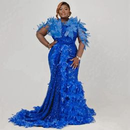 Royal Blue Plus Size Aso Ebi Prom Dresses Mermaid Long Sleeves Lace Feather Evening Dresses for African Black Women Birthday Party Dress Second Reception Gowns ST757