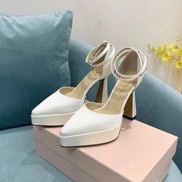 Mach white Satin Platform Pumps chunky heels Ankle Evening shoes Pointed toe women heeled Luxury Designers ankle strap Dress shoe BRIDAL SHOES #0478411