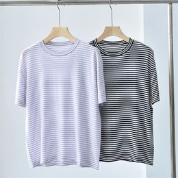 Women's T Shirts Wool Silk Blend Striped T-Shirt Short Sleeve Casual Loose Spring Summer Ladies Round Neck Tshirt Tops Classic