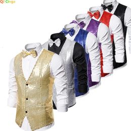 Gold Sequin Vest Men's Single-breasted V-neck Sleeveless Vests Coat Wedding Party Waistcoat Silver Blue Purple Red 240106