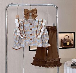 2024 Spring girls clothes sets kids floral printed falbala puff sleeve shirt flare pants 2pcs vintage style children princess outfits Z6554