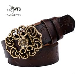 DWTSWomen Belt Vintage Leather Women Genuine Cow skin Fashion Floral Curved Buckle Belts For Top Quality Accessory 240106