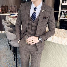 S7XL JacketVestPants Fashion Boutique Lattice Formal Business Mens Suit 3pcs Set Groom Wedding Dress Plaid Show Stage 240106