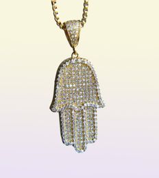 Boy Men Fatima Hamsa Hand Pendant Necklace Iced Out 5A Bling Cubic Zircon Thin Chain Hip Hop Gift Turkish Luck 8350606