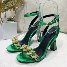 Metal diamond chain stiletto sandals Real silK ankle strap gladiator Pumps Women's open-toe party evening dress shoes Luxury designer high heels factory footwear 777