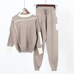 Women's Two Piece Pants Amolapha Women Knitted Sweaters 2PCS Track Suits Woman Casual Trousers Jumper Tops Clothing Sets Vestidos