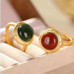 Loose Gemstones Antique Jade Ring Women's 925 Silver Plated South Red Agate Chinese Open Adjustable Small Family Style