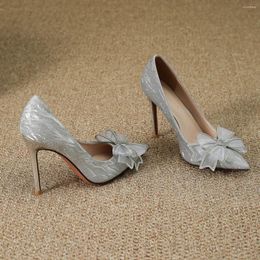 Dress Shoes Autumn/Winter Thin Heel Pointed Head Shallow Mouth Silver Sexy Wedding High Heels Fairy Style Bow Office Single