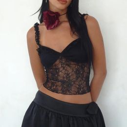 Women's Tanks Fashion Crop Top Summer Cami Tops Black Sleeveless Open Back Lace Floral Cropped Vest Streetwear Y2k