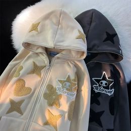 Women Retro Embroidery Hoodies Autumn Winter Zip Up Long Sleeve Loose Jacket Coats Y2k Harajuku Casual Pocket Hooded Sweatshirts 240106