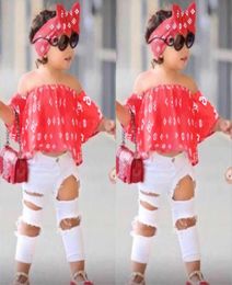 Kids Summer Girls Clothing Sets Off Shoulder Top Hole White Pants Hairband Girls Clothes set Children Clothes5125706