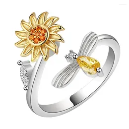 Cluster Rings Light Luxury 925 Sterling Silver Ring Sunflower Rotating Diamond Bee Fashion Compression Relieving Anxiety
