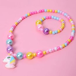 Necklaces New Popular of Children s Jewellery Pendant Unicorn Coloured Round Bead Bracelet Necklace Set