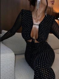 Mozision Elegant Sequin Sparkle Sexy Maxi Dress For Women Fashion Hollow Out Sheer Long Sleeve Bodycon Club Party Long Dress 240106