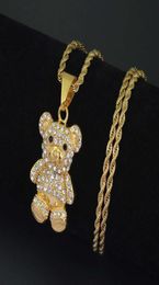 hip hop cartoon Teddy bear diamonds pendant necklaces for men women western luxury necklace Stainless steel Cuban chains jewelry9115128